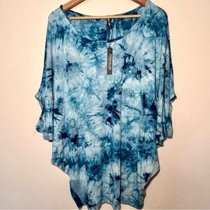 Lock & Love Tie Dye Dolman Sleeve Top Blue Modal Oversized Relaxed M NWT